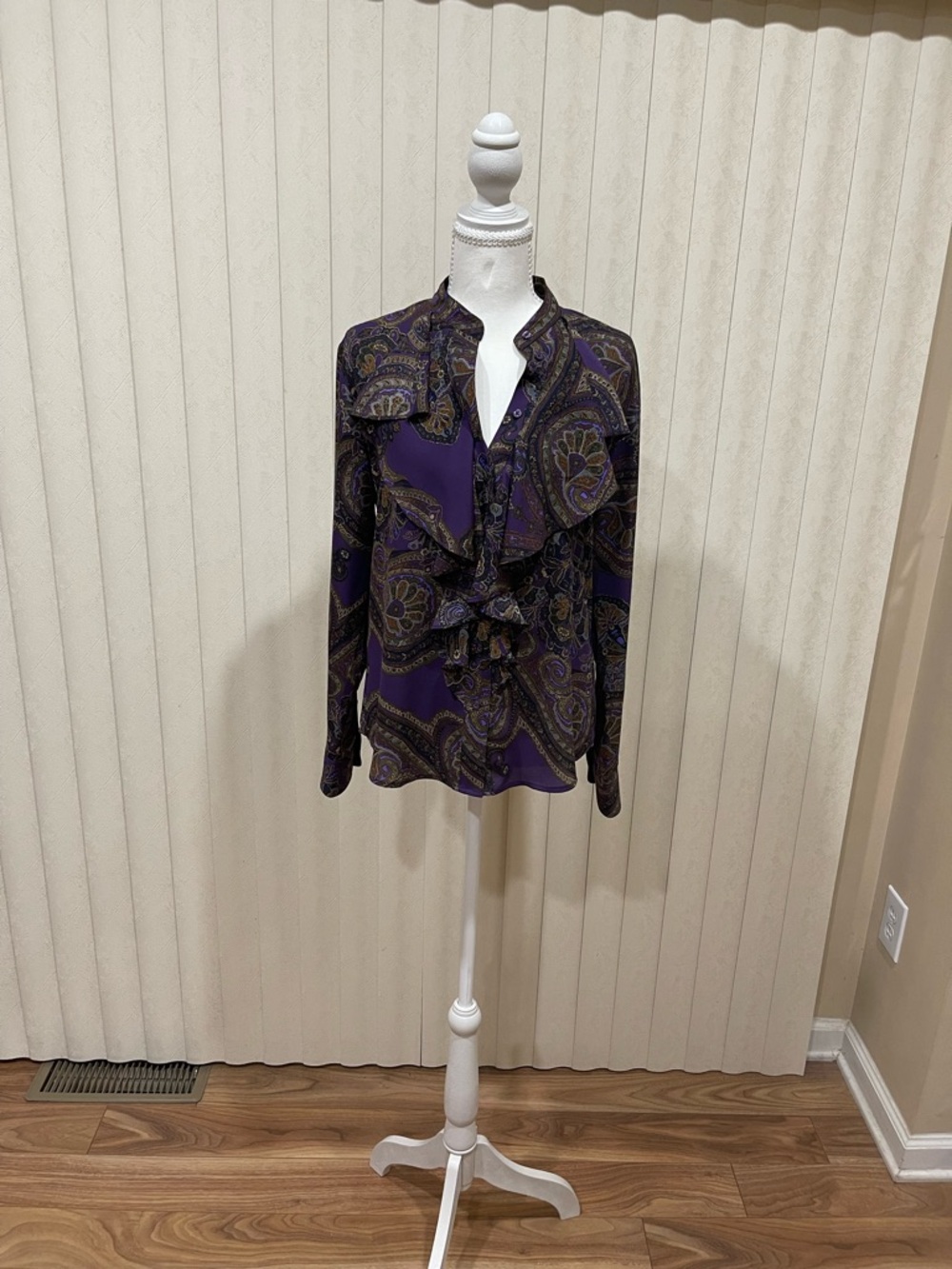 Ralph Lauren Purple Paisley Ruffle Front Blouse